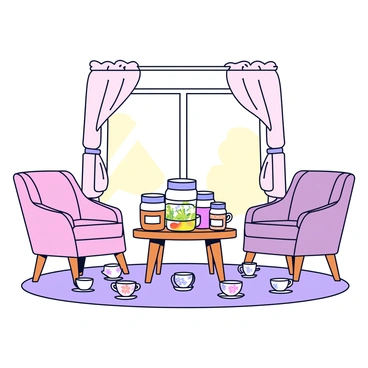 A cozy nook in a spa with soft, neutral-colored walls. In the center, there is a small wooden table adorned with a variety of herbal teas in glass jars. Each jar has a label indicating the type of tea. Surrounding the table are delicate porcelain teacups, each uniquely designed with floral patterns. A plush armchair in a muted tone sits nearby, inviting relaxation. Natural light filters through a sheer curtain, adding warmth to the serene atmosphere.