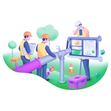 A group of technicians wearing safety helmets and reflective vests is engaged in the maintenance of a natural gas pipeline. One technician is using a wrench to tighten a joint, while another is inspecting the pipeline with a clipboard in hand. Nearby, a third technician is checking a digital monitor that displays system data. The setting includes a grassy area with trees in the background, and tools such as a toolbox and safety cones are scattered around the work site.