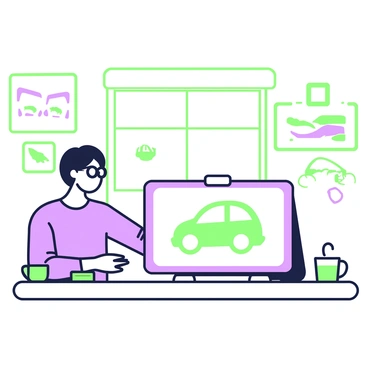 A graphic designer is sitting at a desk with a large drawing tablet in front of them. They have short black hair and are wearing glasses. The designer is focused on the screen, which displays a logo concept featuring a stylized car silhouette. Alongside the tablet, there are several sketches of different car designs scattered on the desk. A coffee mug is placed nearby, and the wall behind them is adorned with various transportation-themed posters. The room has a large window that lets in natural light, illuminating the workspace.