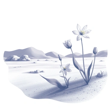 A vast desert landscape stretches under an expansive sky. The ground is covered in fine, dry sand, with patches of rocky terrain visible in the distance. After a recent rainstorm, the air is filled with a sense of freshness. In this arid environment, several rare flowers are blooming, their delicate petals reaching upward. The flowers vary in shape and size, standing out as vibrant life against the sandy backdrop. Small droplets of water cling to the petals and leaves, glistening in the sunlight. The scene is a testament to resilience, showcasing nature's ability to thrive even in harsh conditions.