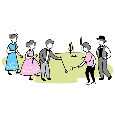 A group of four individuals dressed in Victorian-era attire is playing croquet on a well-manicured lawn. Two women are wearing long, flowing dresses with intricate patterns, one in light blue and the other in soft pink, while the men are in tailored suits with vests and bow ties, one in grey and the other in dark green. The players are positioned around a croquet hoop, one man is preparing to take a shot with his mallet, while the woman in pink is watching intently. In the background, a few trees and a vintage croquet set are visible, enhancing the scene of the match.