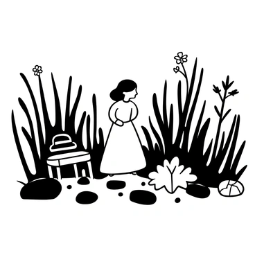 A girl standing among tall, overgrown weeds in a neglected garden. The garden features a variety of wild plants and scattered stones, showing signs of neglect. The girl is dressed in a simple, flowing dress that blends with the untamed surroundings. Broken garden furniture is partially visible, enhancing the feeling of abandonment. The overall scene evokes a sense of solitude, with shadows cast by the overgrown foliage around her.
