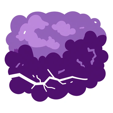A sky filled with swirling clouds of deep gray and dark purple tones, creating an ominous atmosphere. In the foreground, jagged flashes of lightning illuminate parts of the clouds, casting bright white light against the stormy backdrop. The clouds appear thick and turbulent, swirling in various directions, while some areas are darker than others, enhancing the dramatic effect of the scene.