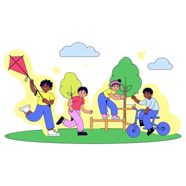 A group of children playing in a park. One child is flying a red kite on a green grassy area. Another child is riding a tricycle with blue wheels. A third child is climbing on a wooden jungle gym. The children are wearing bright clothes in various colors. Surrounding them are soft yellow auras that gently outline their figures. In the background, there are a few trees with green leaves. The sky is clear with a few fluffy white clouds.