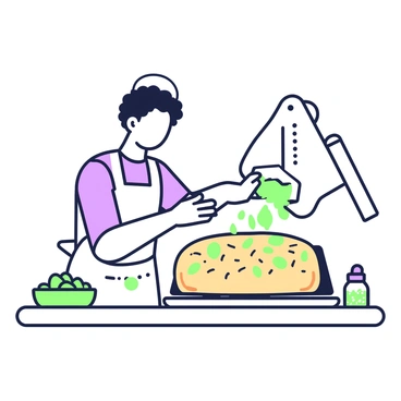 A baker is standing at a kitchen countertop, sprinkling fresh basil leaves over a freshly baked focaccia bread placed on a baking sheet. The focaccia bread is golden-brown with visible air pockets, and it has been drizzled lightly with olive oil. The baker is wearing a white apron and has short, curly hair. A green bowl filled with fresh basil leaves is on the countertop beside the baking sheet, while a small jar of coarse sea salt is also present. In the background, there is a wooden cutting board and a rolling pin, adding to the kitchen atmosphere.
