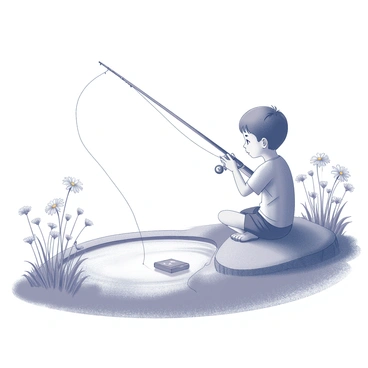 A young boy is sitting on the edge of a pond, holding a fishing rod in his hands. He is focused on the water as he patiently waits for a bite. The pond is surrounded by various blooming flowers, including clusters of daisies and tall wildflowers, creating a lush natural setting. The boy wears a simple t-shirt and shorts, and there is a small tackle box beside him. The scene captures the essence of a peaceful fishing experience in nature.
