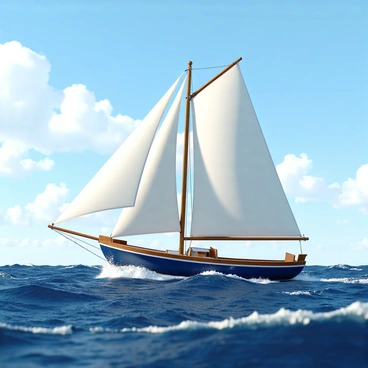 A small ship with a sleek hull and white sails, expertly designed for agility. The ship is crafted from polished wood and has a blue and white color scheme. It rides elegantly on choppy ocean waves, with water splashing against its sides. The sails are filled with wind, creating a taut and dynamic appearance. The background features a vast, tumultuous sea under a bright blue sky with scattered white clouds. The waves are frothy and prominent, emphasizing the ship's impressive balance amid the motion of the ocean.