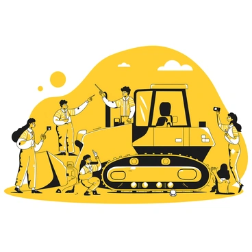 A group of five students gathered around a yellow bulldozer. The students are wearing school uniforms consisting of yellow shirts and dark pants. One student is pointing at a lever while another is taking notes on a clipboard. A third student is leaning against the bulldozer, looking up with curiosity. The fourth student is standing on the side, holding a camera and taking pictures. The fifth student is sitting on the ground, inspecting the tracks. Bright sunshine is overhead, casting clear shadows on the ground.