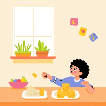 A cozy kitchen scene featuring a small child with curly hair sitting at a wooden table. The child is happily reaching for a plate of cheese and crackers, with various types of cheese displayed on the plate. A sunny window allows warm light to fill the room, illuminating colorful drawings hanging on the wall. There are potted herbs on the window sill and a bowl of fresh fruit nearby, adding to the inviting atmosphere of the kitchen.