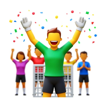 A soccer goalie joyfully celebrating a successful penalty shootout save, surrounded by cheering teammates.