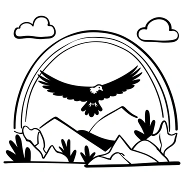 A condor with wide, expansive wings gliding gracefully beneath an arching rainbow that spans across the sky. Dark clouds can be seen dissipating in the background, hinting at a recent storm. The landscape below features rugged mountains and a hint of fresh green foliage glistening with moisture. The rainbow displays vibrant arcs while the condor soars effortlessly through the scene.