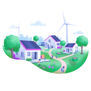 A vibrant neighborhood filled with greenery and blooming flowers. In the foreground, several modern houses have solar panels installed on their roofs. Nearby, wind turbines stand tall, gently rotating in the breeze. Residents can be seen enjoying their surroundings, walking along tree-lined paths and tending to community gardens. Lush trees provide shade, and children play on the grass while a couple discusses sustainability on a porch. The overall atmosphere reflects an eco-friendly lifestyle, showcasing harmony between nature and technology.