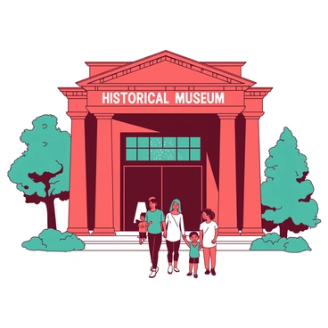The facade of a historical museum in Brooklyn is adorned with intricate architectural details in a beautiful combination of red and teal. Large columns frame the entrance, and the museum's name is displayed prominently in the center above the doorway, with the letters glowing softly. Several visitors, including a family with children and a couple, are entering through the grand double doors. The family is holding hands, and the children are excitedly pointing towards the entrance. A few trees are planted on either side of the museum, their leaves gently swaying in the breeze.
