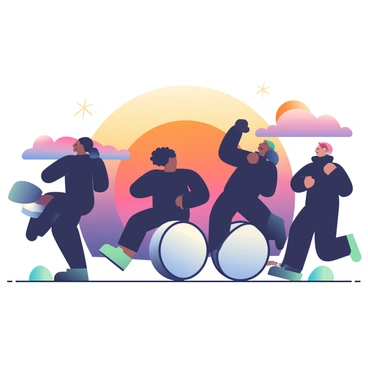 Silhouettes of dancers are moving energetically in front of large drums. The dancers are in various poses, expressing rhythm and motion, with some arms raised and legs in mid-air. The drums are large and round, placed on the ground in front of the dancers. The sky is filled with vibrant colors of a sunset, featuring shades of orange, pink, and purple blending together. The overall scene gives a sense of lively celebration and movement against the dramatic backdrop of the sunset.