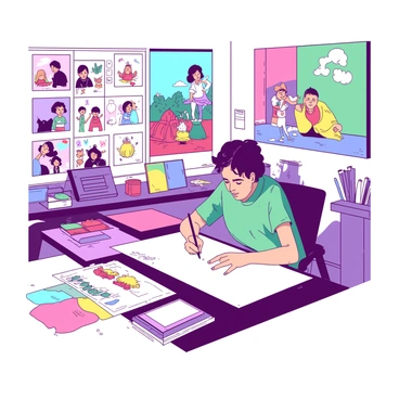 An illustrator sits at a large, cluttered desk with various sketches scattered around, depicting character designs for an American storybook. The desk is surrounded by vibrant color palettes in different shades laid out next to pencils and markers. The illustrator, focused and thoughtful, is sketching a character on a large white sheet of paper. Brightly colored illustrations cover the walls in the background, showcasing different characters and scenes. A light source illuminates the workspace, casting soft shadows over the sketches and tools, enhancing the creative atmosphere.