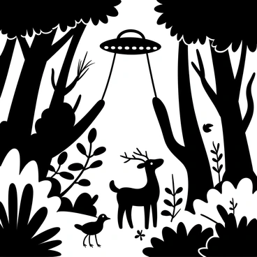 A dense jungle filled with various types of trees and thick foliage. "Bright light" from a UFO shines through the canopy, illuminating the forest floor. Curious wildlife, including a mid-sized deer and a few small birds, are positioned near the light, looking towards the source. Shadows cast by the trees create a sense of depth and mystery within the jungle.