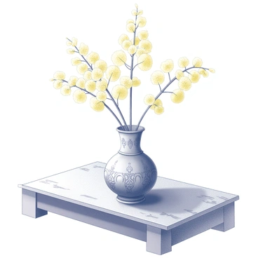 A still life composition set on an antique wooden table. The centerpiece is a vase filled with "goldenrod" flowers, showcasing the delicate clusters of small yellow blooms. The vase has intricate detailing, reflecting vintage craftsmanship. The surface of the table is adorned with subtle wear marks, indicating its age and history. Soft shadows cast by the flowers create a gentle contrast against the table. The overall scene emphasizes the elegance of the arrangement and the fine details of both the vase and the table.