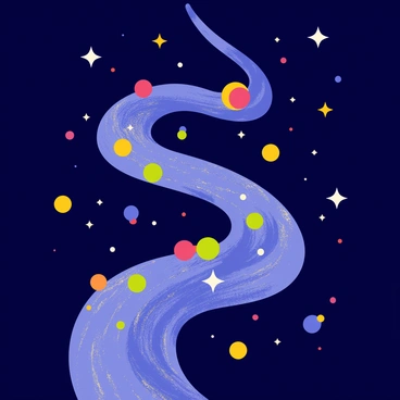 A starry galaxy path winding through space, illuminated by bright, shimmering stars. The path is composed of swirling colors, blending deep blues and purples. Solid colored celestial bodies such as circles and spheres in vibrant hues of red, yellow, green, and blue are scattered along the pathway. Some celestial bodies are larger and appear closer, while others are smaller and more distant, creating a sense of depth in the galaxy.