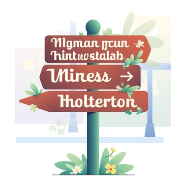 A street sign is prominently displayed in the center of the image. The sign is wooden, with a rich brown finish, giving it an elegant appearance. Directions are written in an elegant italic typeface, with the text in white contrasting sharply against the dark wood. The sign points in multiple directions, with arrows indicating different destinations. Surrounding the street sign, there are green leaves and small flowers that add a touch of nature to the scene. The background features a softly blurred street, enhancing the focus on the sign itself.