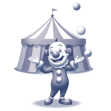 A 3D cartoon clown character is depicted with a large, round nose and a wide, cheerful smile. The clown is dressed in a vibrant, oversized costume with large buttons and a frilly collar. The clown's arms are raised in the air, skillfully juggling several balls. Above, a big top circus tent looms, featuring a high peak and wide stripes in a traditional design. The interior of the tent is filled with an atmosphere of excitement, and the ground is covered in sawdust, enhancing the circus environment.