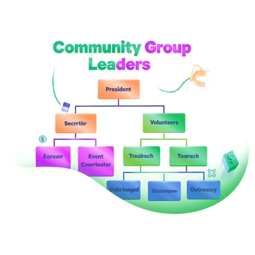 A modern pastel illustration depicting an organigram that illustrates the structure of a local community group. At the top of the organigram are the words "Community Group Leaders" in bold, vibrant colors. Below this, boxes are connected by lines to show different leadership roles, each labeled clearly with titles like "President," "Vice President," and "Secretary." Below the leaders, there are additional boxes for "Volunteers," arranged in a tiered fashion, featuring various roles such as "Event Coordinator," "Treasurer," and "Outreach Volunteer." Each box is filled with pastel shades, and there are small icons next to the titles, such as a small flag for "Event Coordinator" and a dollar sign for "Treasurer." The overall layout is organized and visually engaging, conveying a sense of community and collaboration.