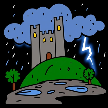 A dramatic scene of a stormy night with dark clouds swirling in the sky. Bright flashes of lightning illuminate a large, imposing castle on a hill, revealing its tall towers and stone walls. The castle has narrow, arched windows that give a glimpse of dim light coming from inside. In the foreground, heavy rain falls, creating puddles on the uneven ground, while strong winds shake nearby trees. The atmosphere is tense, capturing the raw power of nature surrounding the castle.