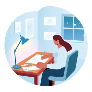 An illustrator is sitting at a wooden desk in a cozy room, immersed in work late at night. The desk lamp is casting a warm light, illuminating several sketches scattered across the desk. The illustrator's workspace features art supplies like pencils and markers, arranged neatly beside the sketches. The walls are adorned with framed illustrations and drawings, adding to the creative atmosphere. A window reveals a starry night sky, enhancing the sense of nighttime solitude.