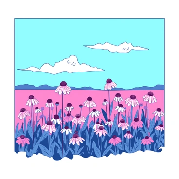 A wide field of tall echinacea flowers is swaying gently in the breeze. The flowers are vibrant and colorful, with large pink petals surrounding a dark central cone. The stems of the echinacea flowers sway slightly, creating a sense of movement across the field. Above the flowers, a clear blue sky stretches endlessly, showcasing a few wispy white clouds drifting lazily. The overall scene conveys a sense of openness and tranquility.