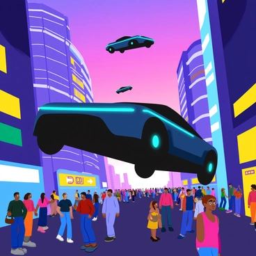 A futuristic Uber car hovering above a busy city street in a sci-fi setting
