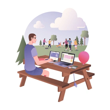 A person sitting at a wooden picnic table outdoors, signing up for a community event on a laptop. The individual has light skin, short brown hair, and is wearing a blue t-shirt and denim shorts. The laptop is open in front of them, displaying a colorful registration page. In the background, there are green trees and a blue sky with fluffy white clouds. A few people are seen in the distance, engaged in various activities, such as playing frisbee and walking dogs. A bright red balloon is tied to the picnic table, adding a festive touch to the scene.