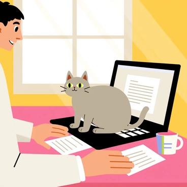 A gray tabby cat with green eyes sitting comfortably on a black laptop keyboard. The laptop is open, displaying a document on the screen. The owner, a person with short dark hair, is lightly pressing their hands on the sides of the laptop, looking amused. Sunlight streams through a nearby window, creating a warm atmosphere in the room. A coffee mug sits on the desk next to the laptop, and there are scattered papers with notes around it.