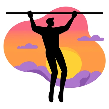 A silhouette of a person hanging from a horizontal bar. The person's arms are fully extended, and their legs are bent at the knees. Behind the silhouette, a vibrant sunset fills the sky with gradients of orange, pink, and purple. The sun is setting on the horizon, casting a warm glow that outlines the shape of the hanging figure. Fluffy clouds are scattered across the sky, adding texture to the sunset backdrop.