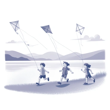 Children are running along the shore of Lake Como, each holding a kite string with bright, colorful kites soaring high above them. The kites are shaped like various animals and patterns, fluttering in the wind. The children are dressed in casual summer clothing, laughing and smiling as they chase after their kites. The calm lake reflects the clear sky overhead, with a few fluffy clouds scattered throughout. The scene captures a lively atmosphere, filled with the energy of playful activity and the beauty of nature surrounding them.