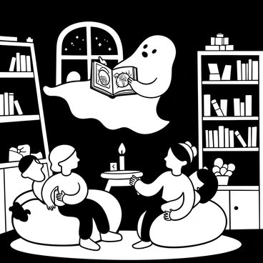 A friendly ghost with a wispy form is floating in a cozy room, surrounded by a group of mesmerized children sitting on plush cushions. The ghost is holding an open book with ornate pages displaying gothic illustrations. The room is dimly lit by a flickering candle on a small table, casting soft shadows on the walls. Bookshelves filled with various old books line the walls, and a warm rug covers the wooden floor. A window reveals a glimpse of a starry night sky outside.