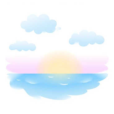 Fluffy clouds shaped like fish are floating gently in the sky above a calm ocean. The ocean surface reflects soft pastel colors, blending shades of pink, orange, and blue as dawn breaks. The horizon is illuminated with a warm glow, adding to the tranquil atmosphere. Small waves lap quietly at the shore, completing the serene scene.