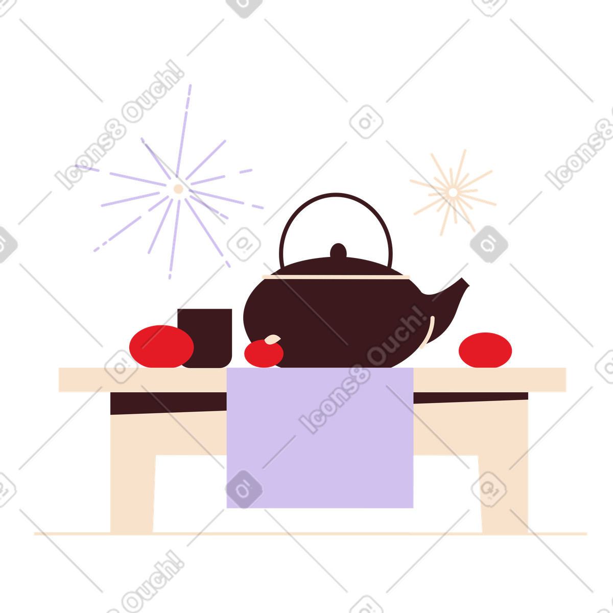 Ilustración Traditional teapot and cups with decorations, Festive tea party for Lunar New Year en estilo Folks a descargar en PNG y SVG