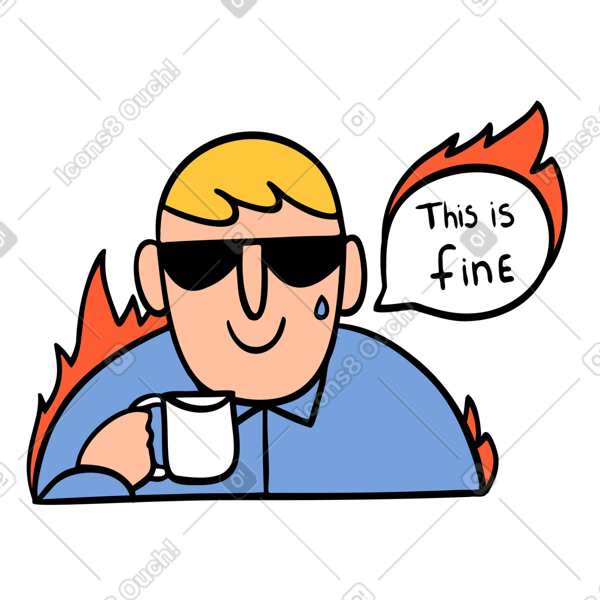 Brennender mann weint mit der sprechblase „das ist in ordnung“-Illustration im Comic-Stil als Download PNG, SVG