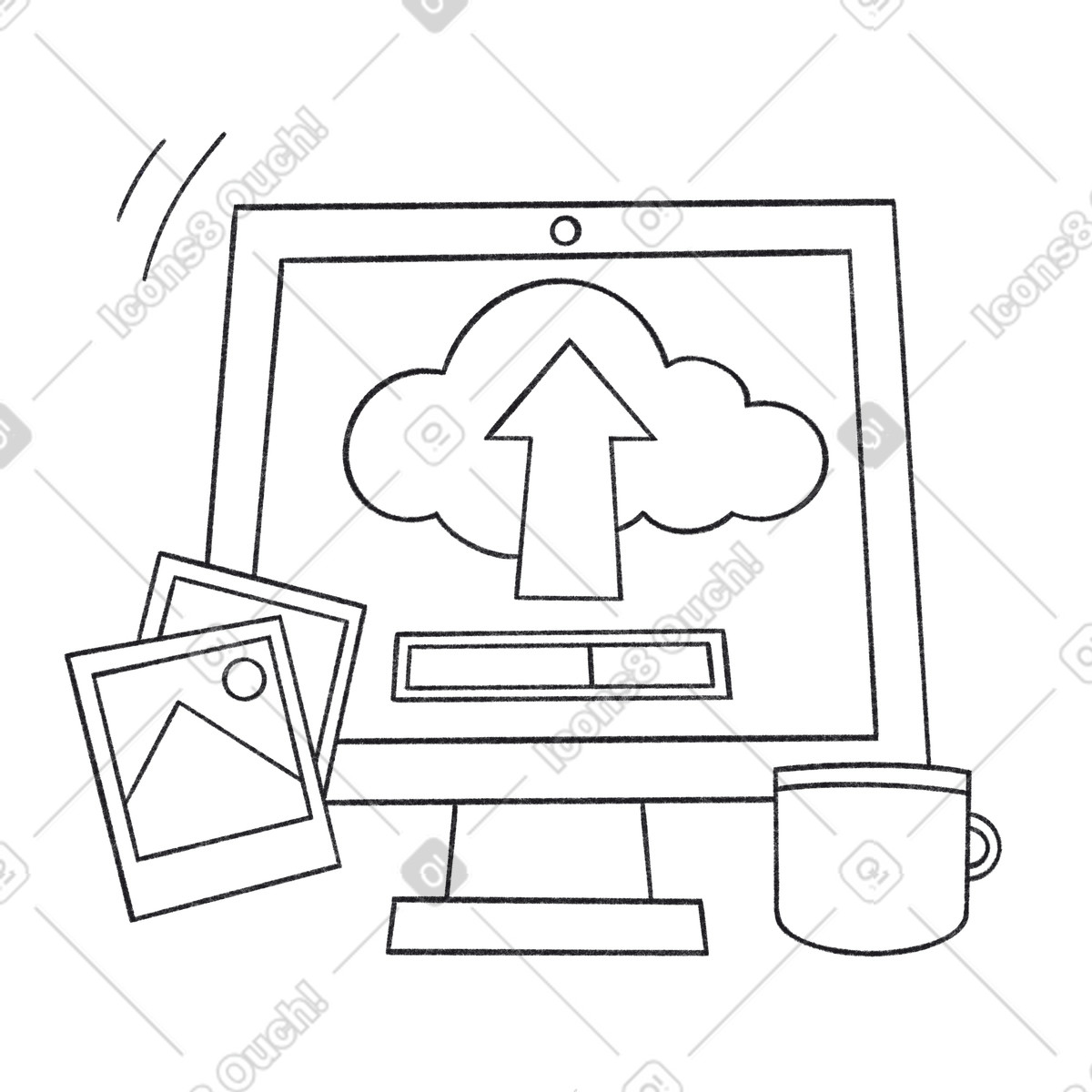 Ilustração de Workstation with cloud upload on display, Data migration and online storage em no estilo Bonbon Line para baixar em PNG, SVG