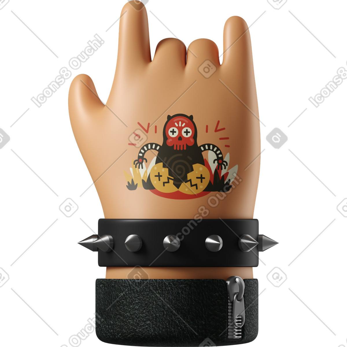 Ilustración Mano de piel bronceada rockero con un tatuaje que muestra el signo rock en estilo 3D Hands Fun&Wild a descargar en PNG y SVG