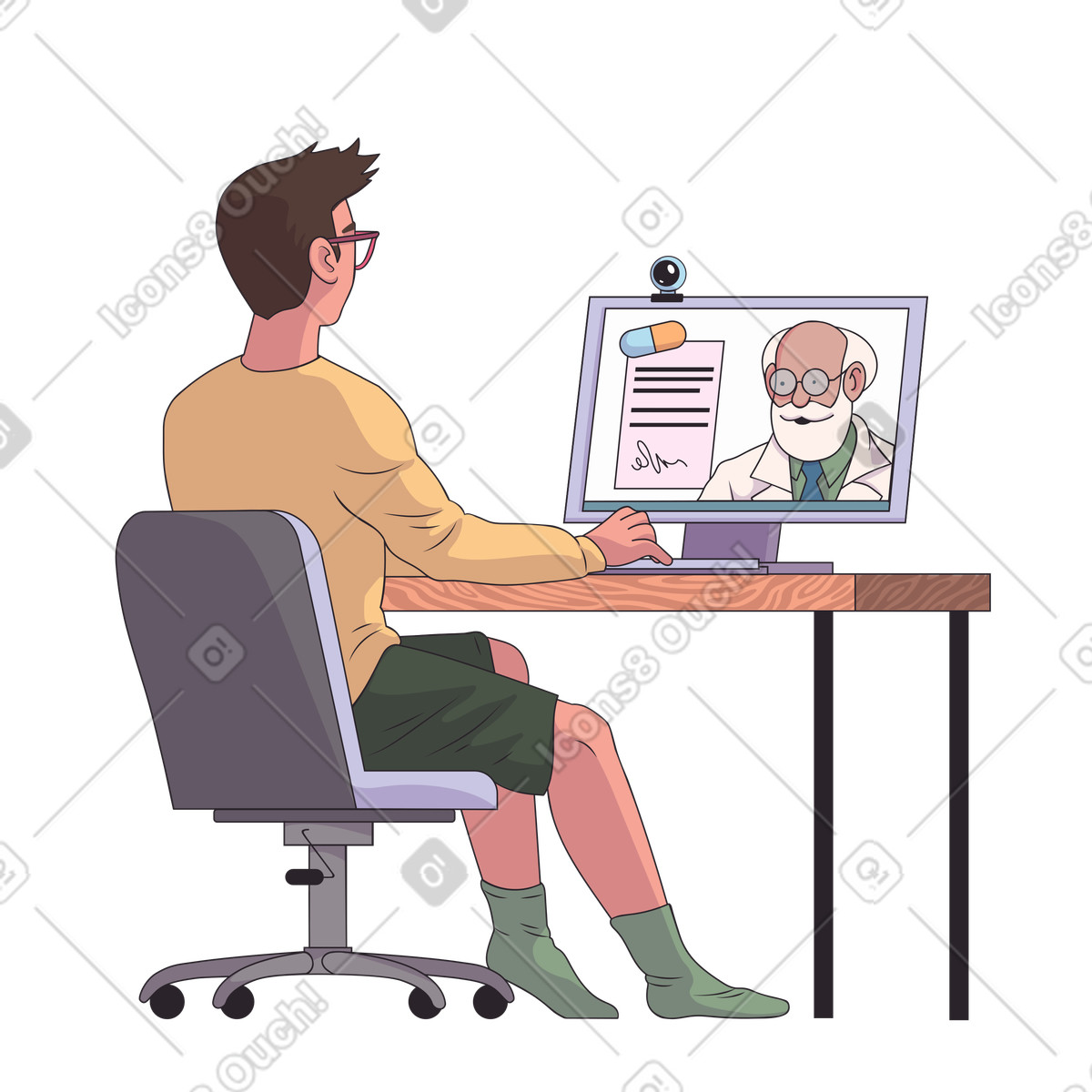 Ilustración Patient interacting with physician via video call, Online healthcare and wellness en estilo Eastwood a descargar en PNG y SVG