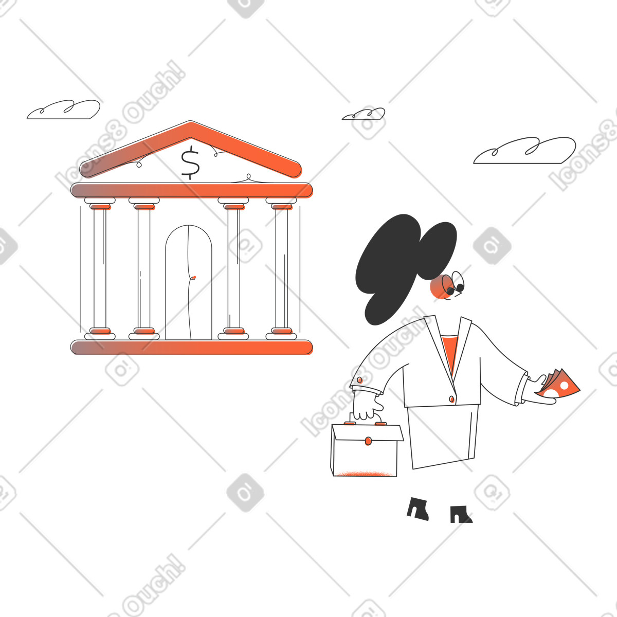 Woman with briefcase and money walking from bank illustration in Crayon style download in PNG, SVG