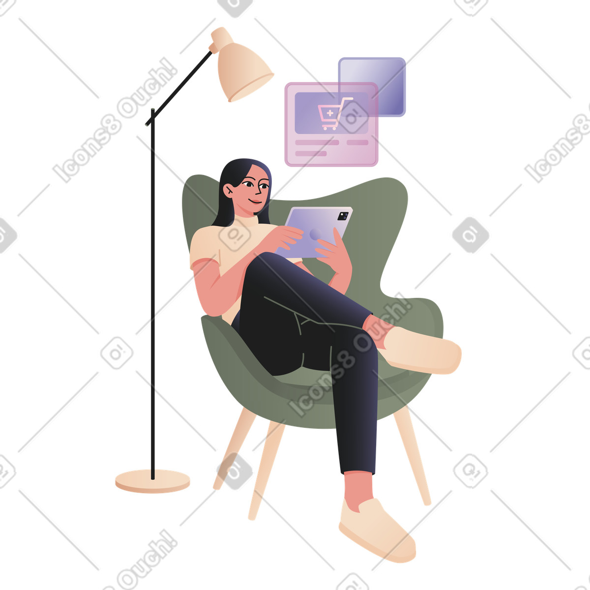 下载 Coworking 风格的 在家网上购物的妇女 动画插图，支持 GIF、Lottie （JSON）、AE 格式