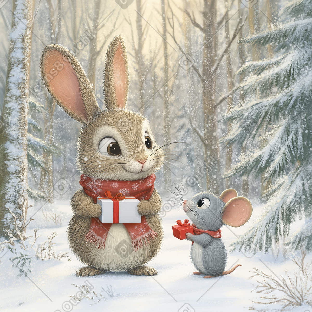 Christmas postcard with a cute bunny and mouse illustration in Postcards style download in PNG, SVG