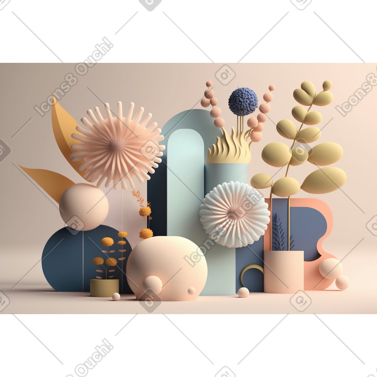 Ilustración Composición de flores abstractas 3d en estilo Experimental a descargar en PNG y SVG