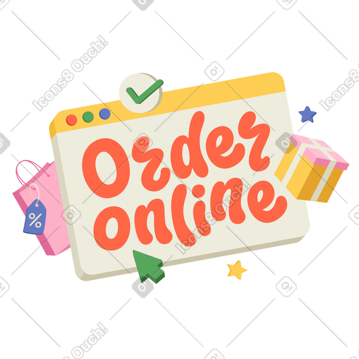 Order online call to action lettering, Website shopping banner illustrazione in stile Social scarica in PNG, SVG