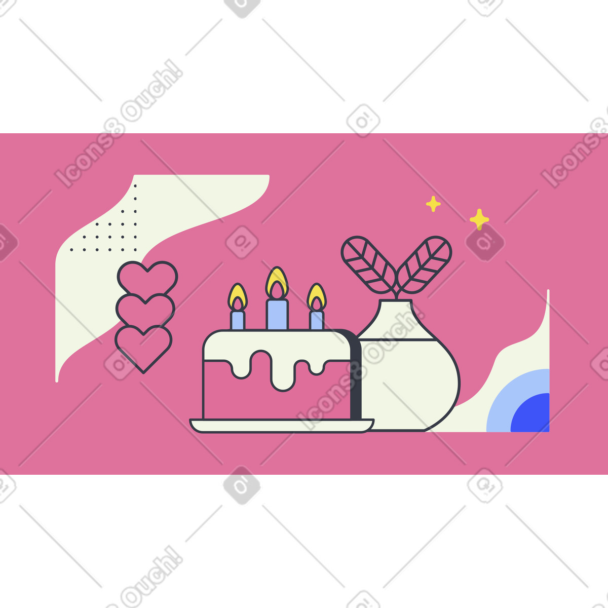 Kuchen mit kerzen und vase blumen zum geburtstag-Illustration im Abstract-Stil als Download in PNG, SVG