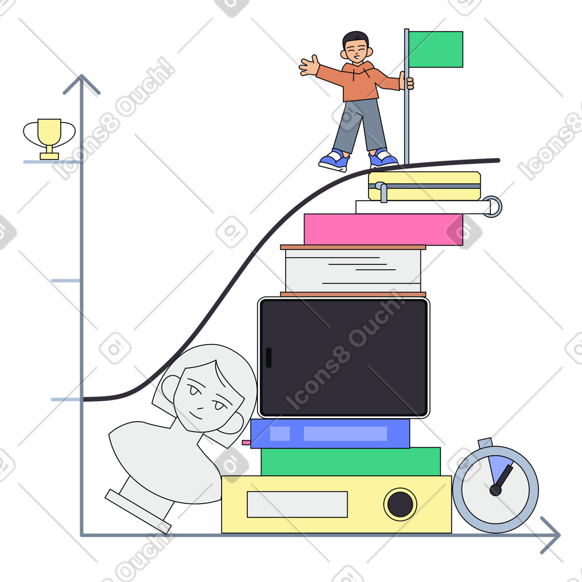 Learning curve graph illustration student clipart showcasing educational growth and proficiency in PNG, SVG, GIF