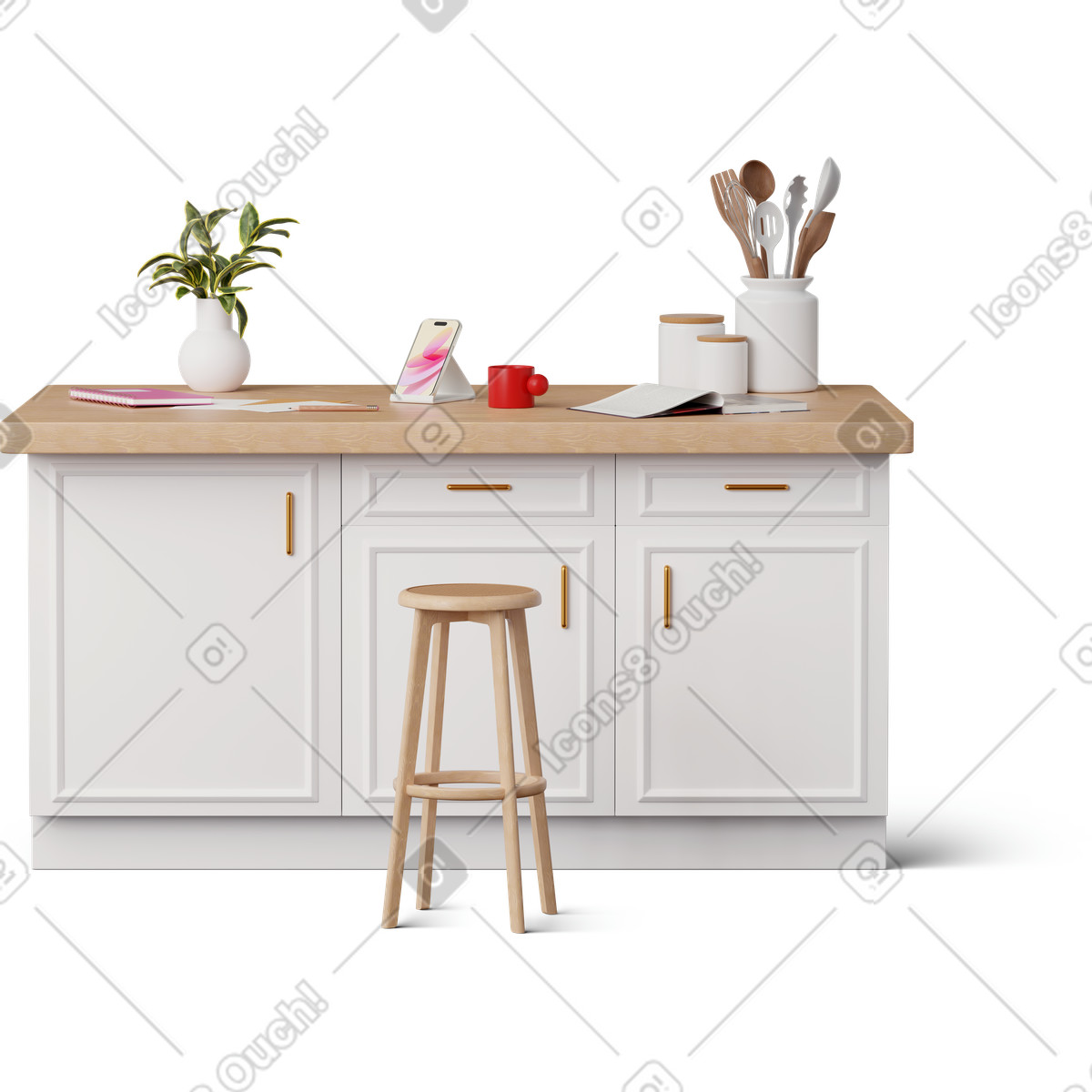 Front view of smartphone and notes on the kitchen island illustration in 3D Hygge style download in PNG, SVG
