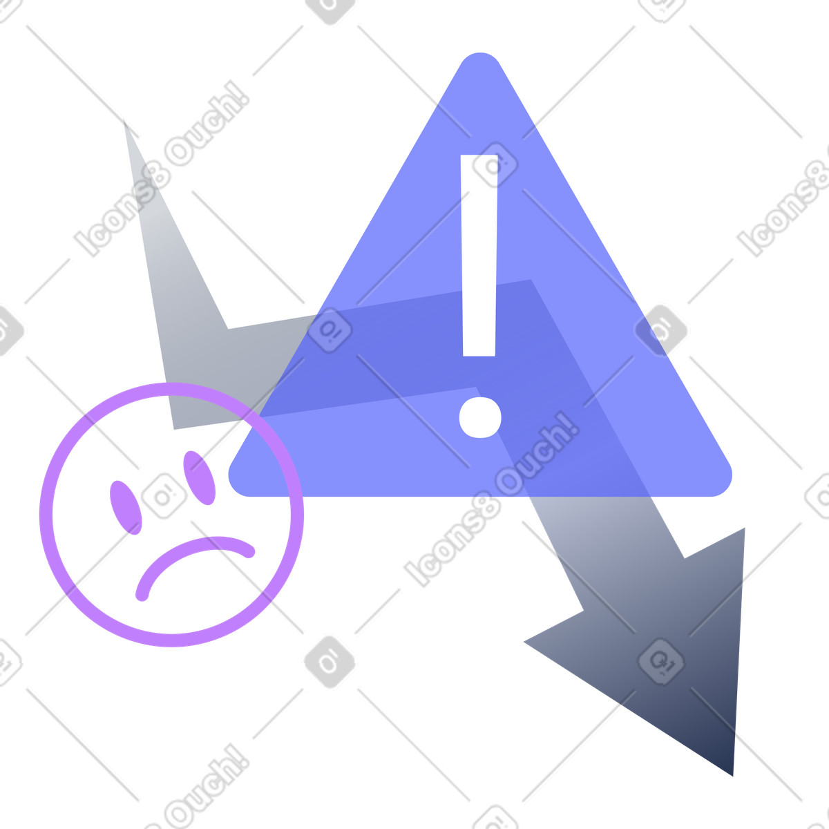 Decline arrow, alert sign and sad face illustration in Lucent style download in PNG, SVG