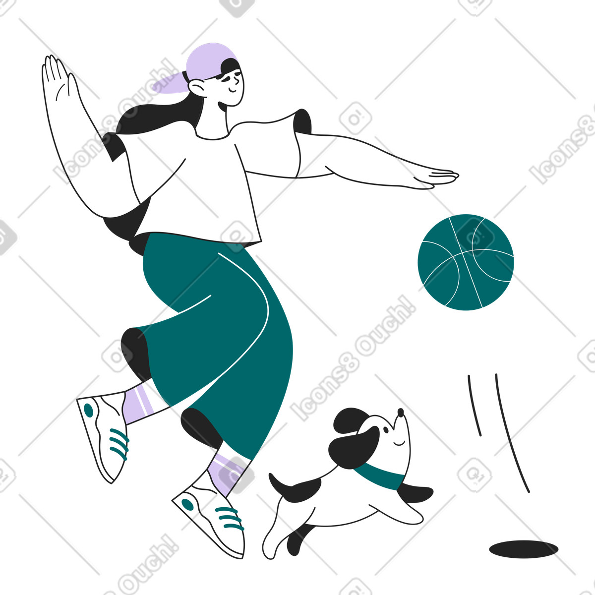 Playing basketball with energetic dog, Outdoor activity and animal playtime illustration in Sammy Line style download in PNG, SVG
